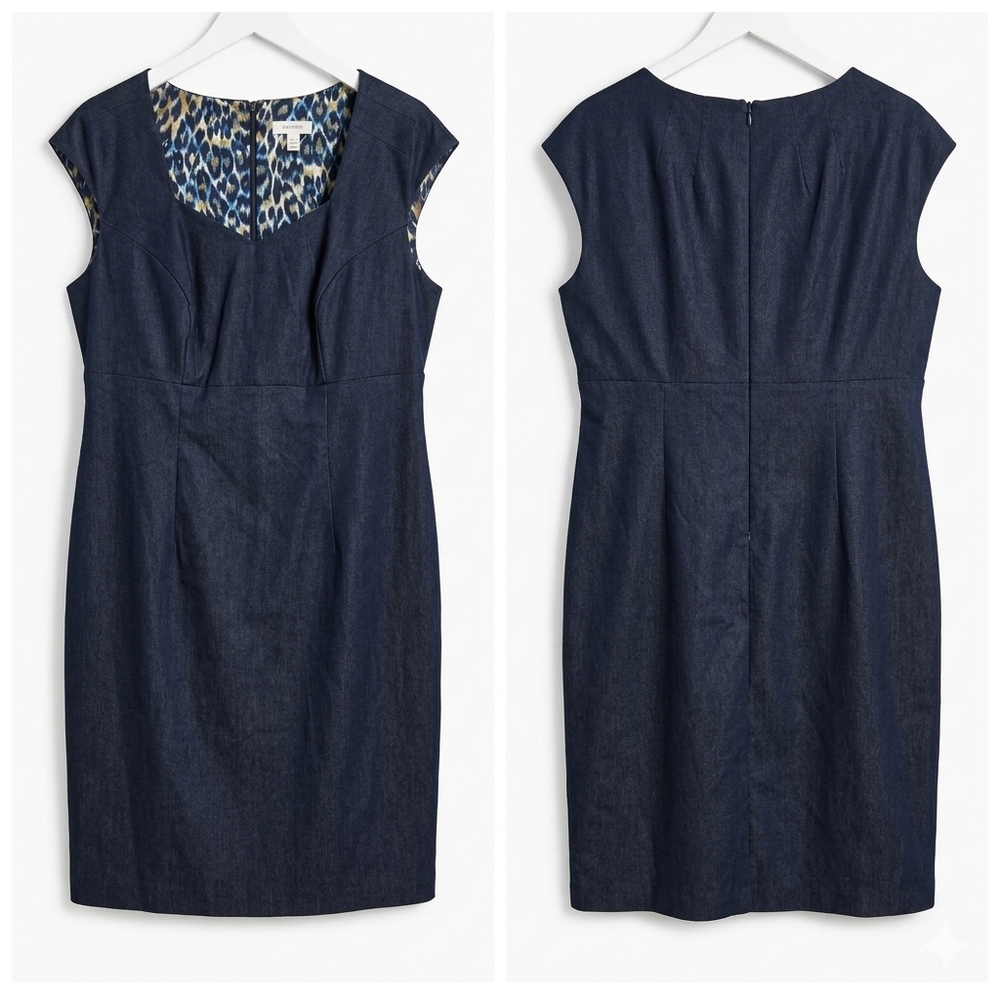 Dressbarn Roz & Ali Navy Denim Sheath Dress Size 20 Cap Sleeve Leopard Lining